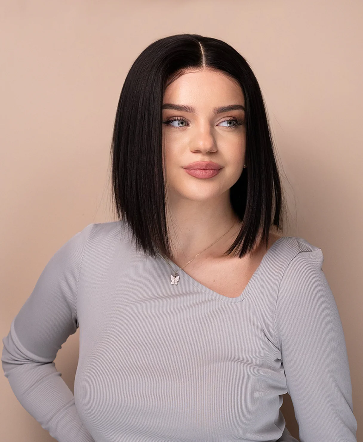 put on & go pre-cut lace bob human wig - 10" natural black. - Image 4