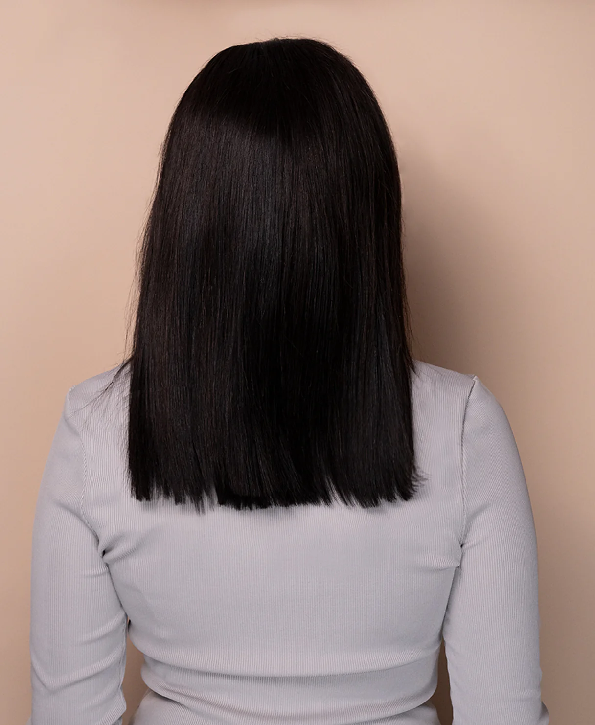 put on & go pre-cut lace long bob human wig - 14" natural black. - Image 2
