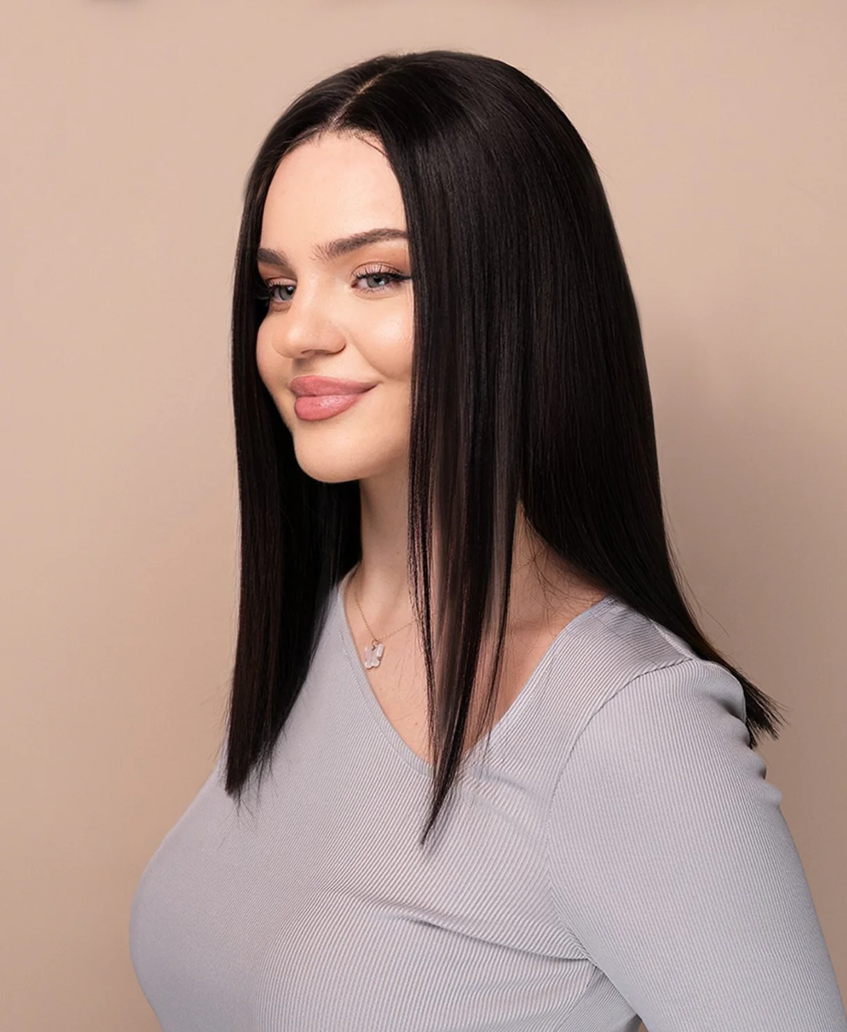 put on & go pre-cut lace long bob human wig - 14" natural black. - Image 3
