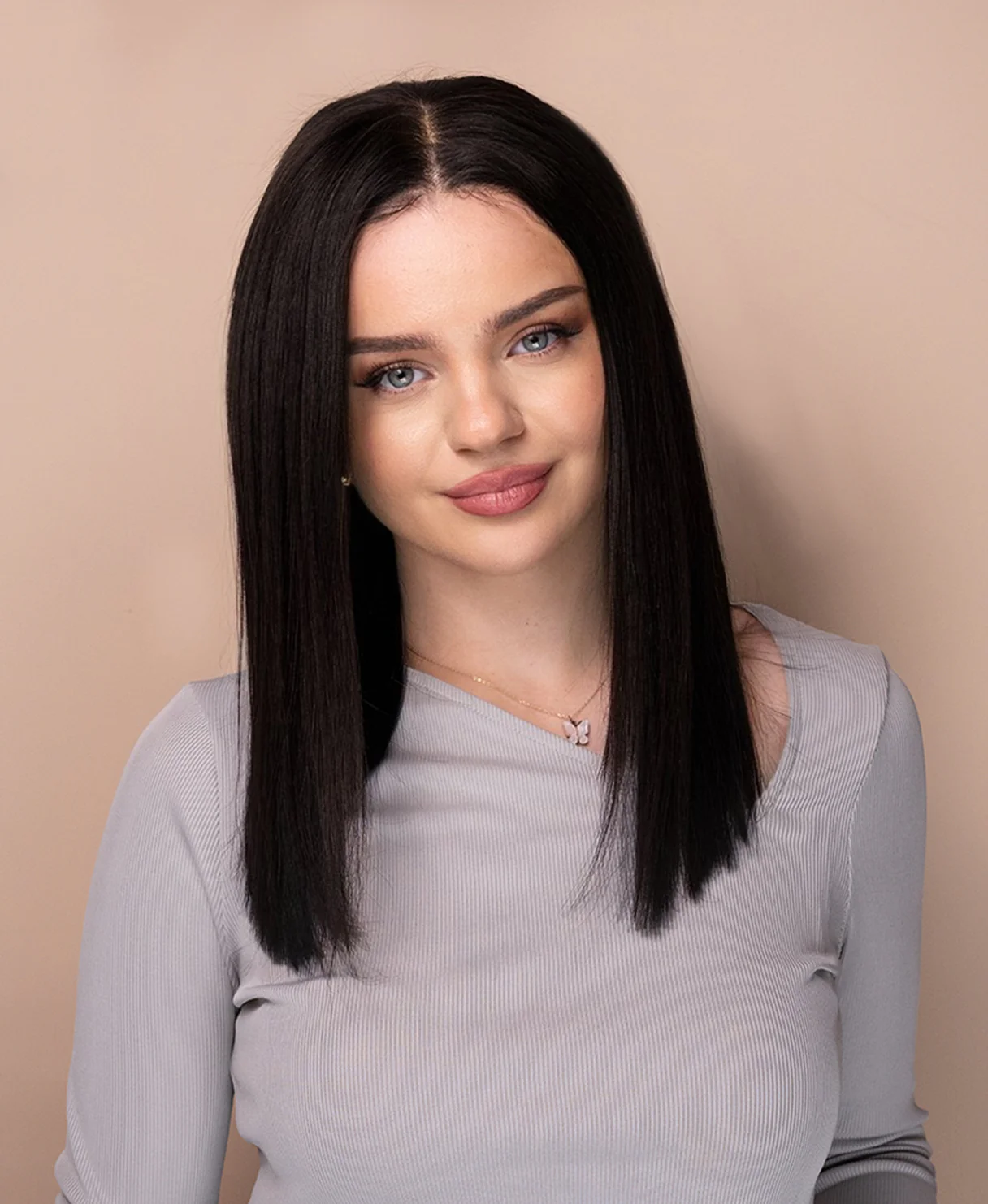 put on & go pre-cut lace long bob human wig - 14" natural black. - Image 5