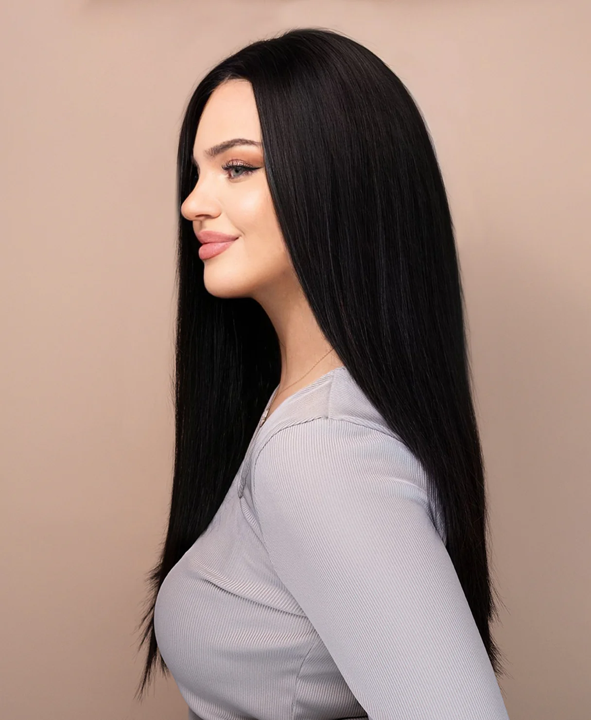 put on & go pre-cut lace straight human wig - 20" natural black. - Image 3
