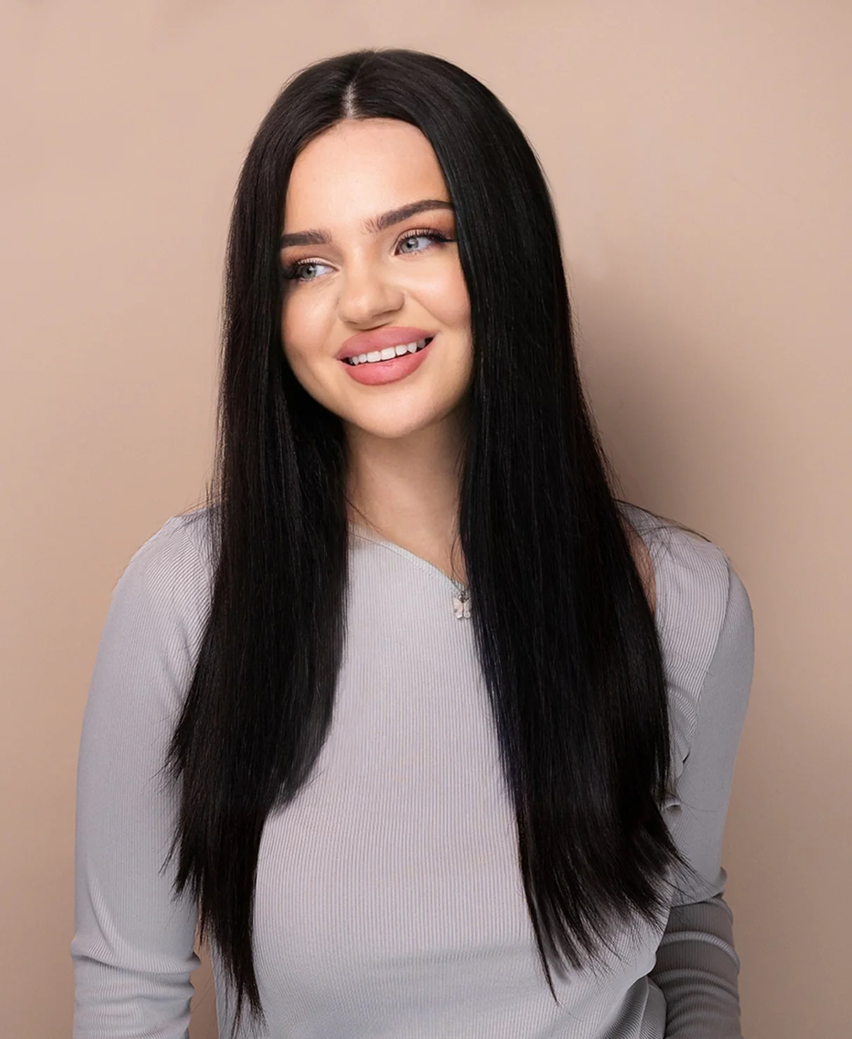 put on & go pre-cut lace straight human wig - 20" natural black. - Image 5