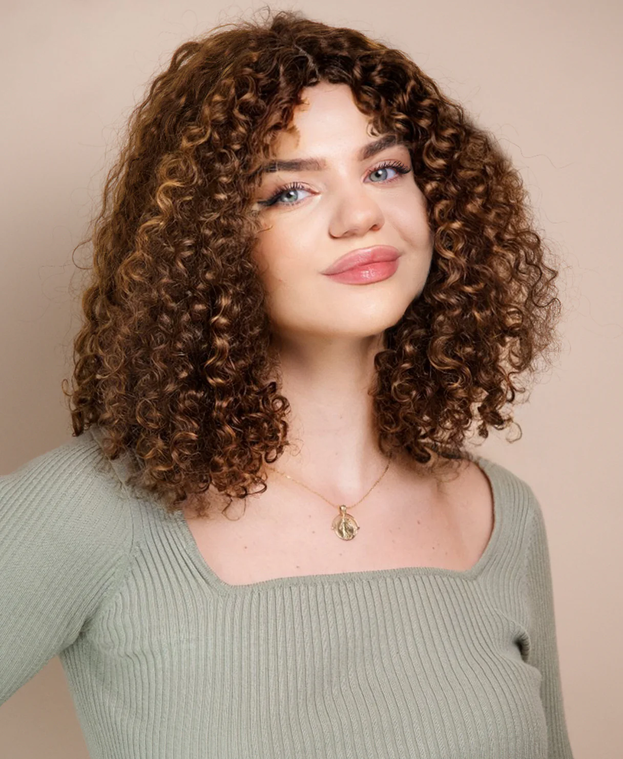 curly human wig - 12” caramel balayage. - Image 4