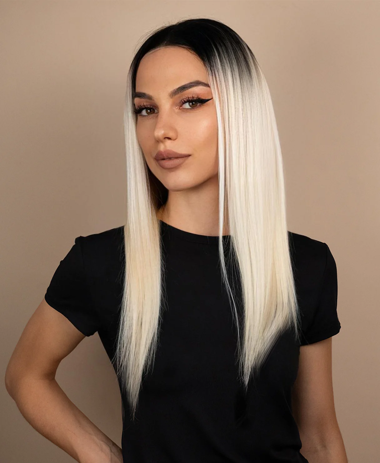 lace front human wig - 16" rooted platinum blonde. - Image 3