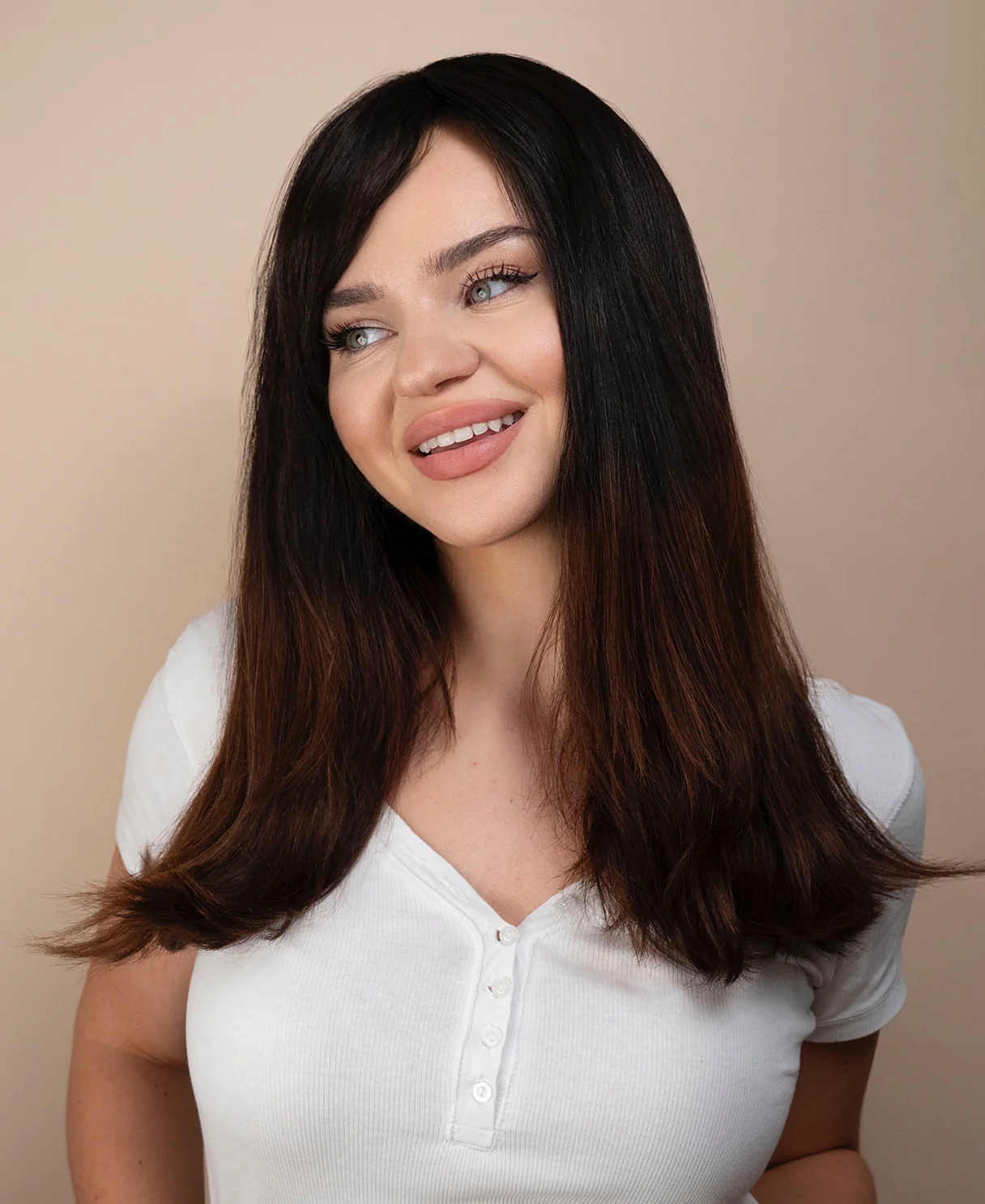 human hair wig with bangs - 20" brown ombre.
