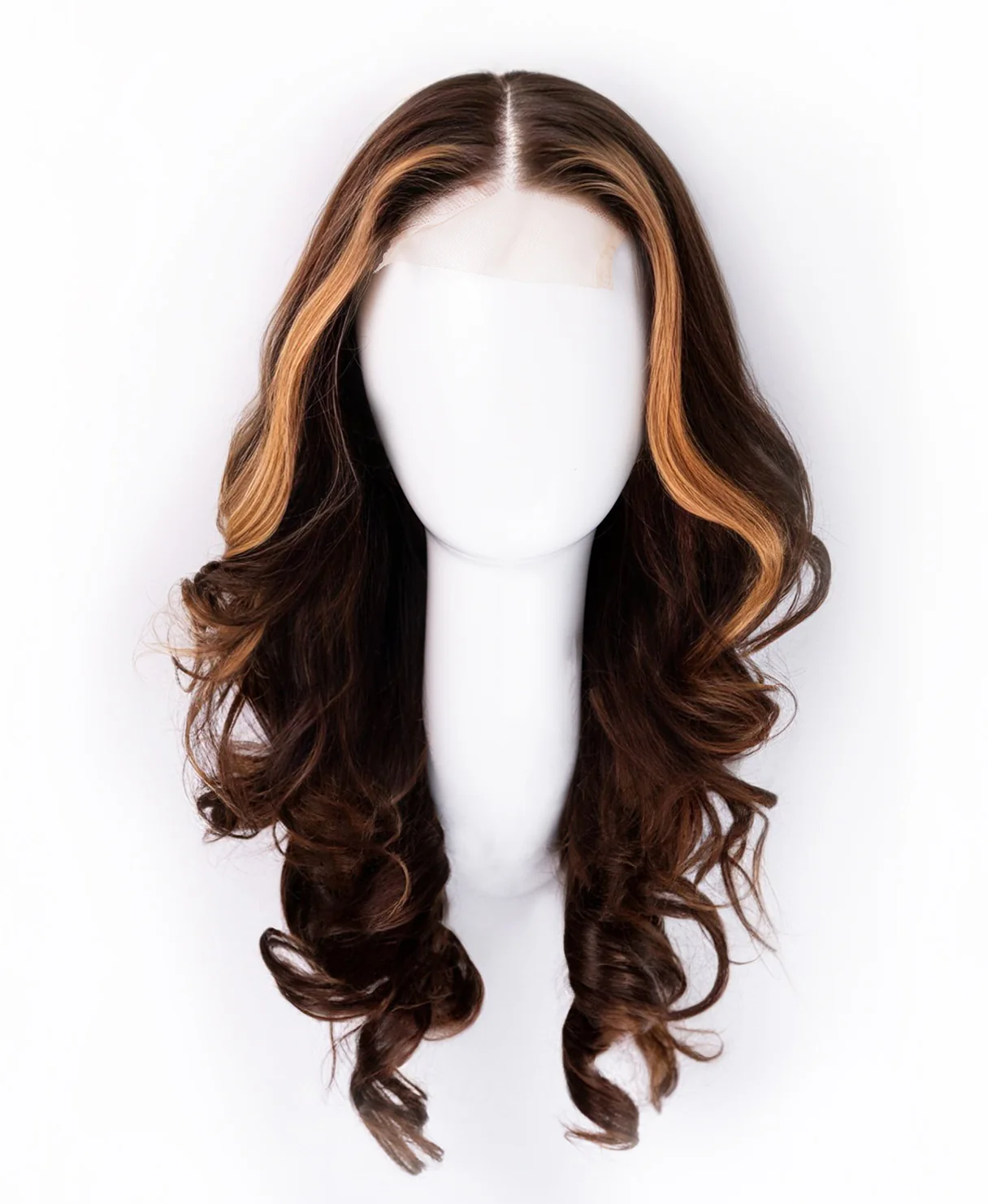 lace front human wig - 18" chocolate brown with moneypiece highlights. - Image 6