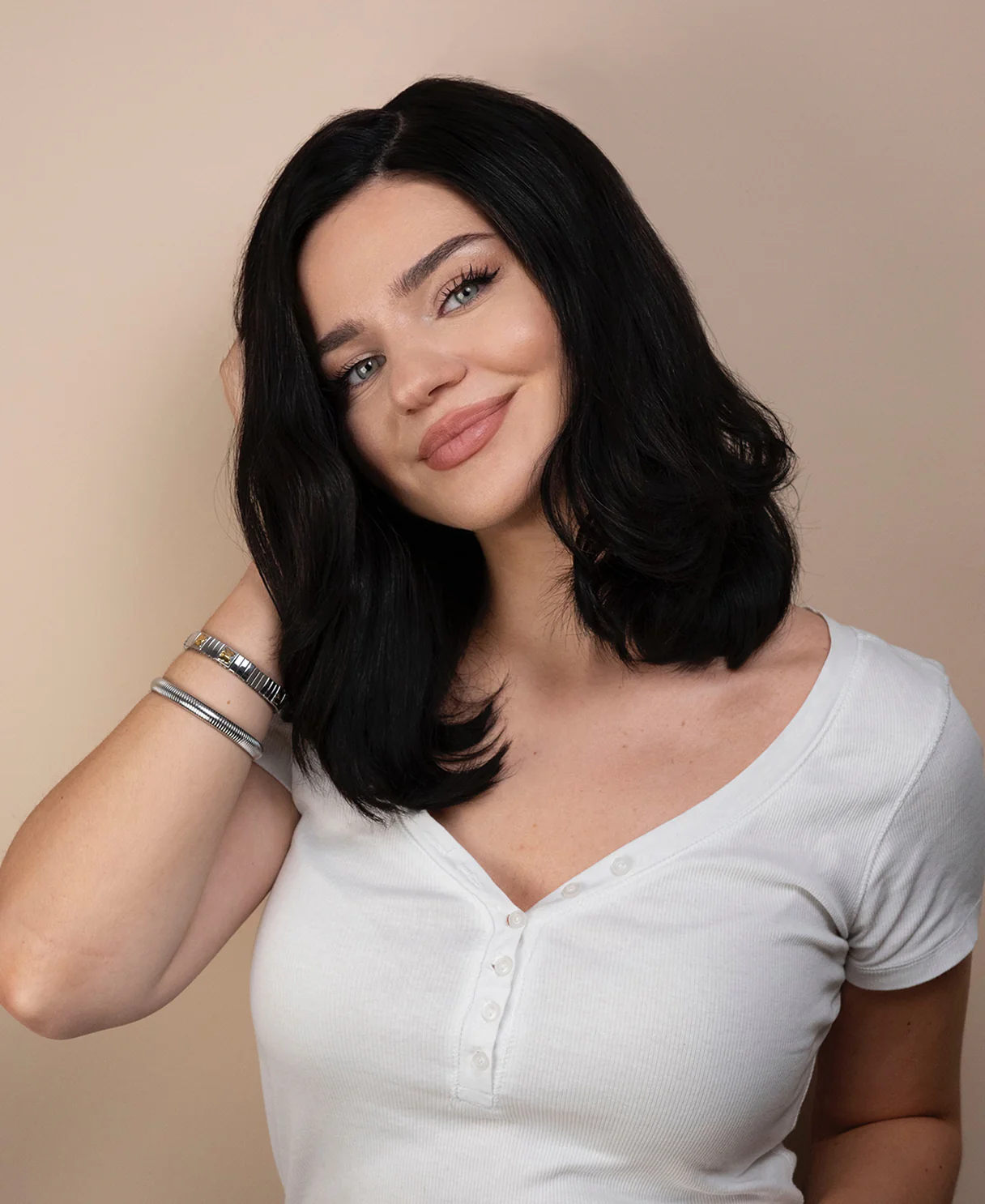 lace front human wig with side part - 14" natural black. - Image 4