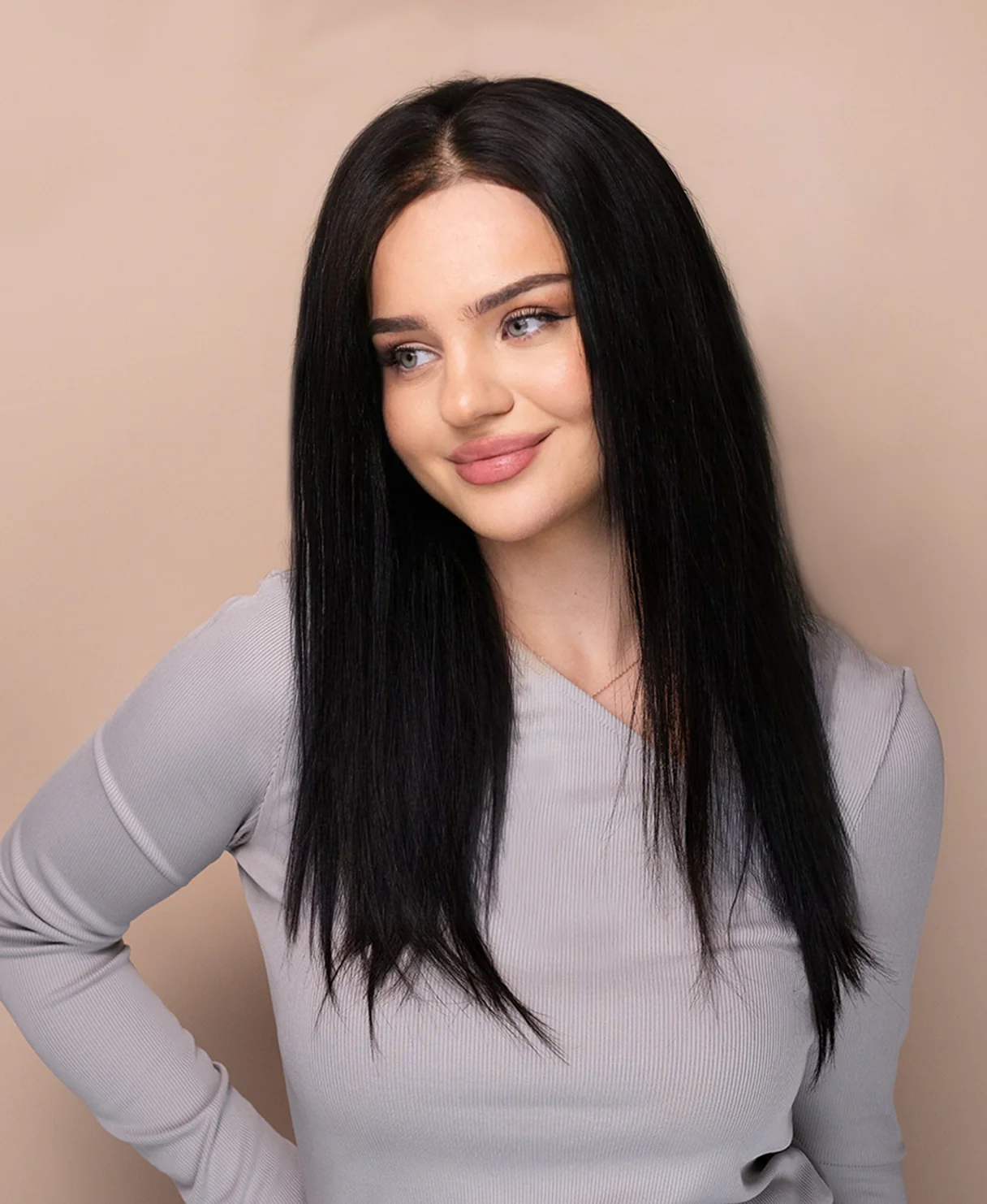 lace front layered human wig - 16" natural black. - Image 3