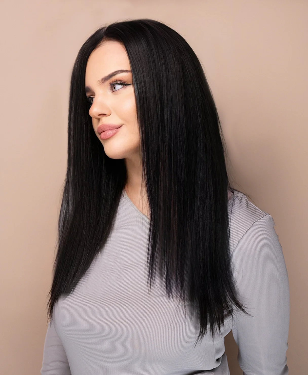 lace front layered human wig - 16" natural black. - Image 4