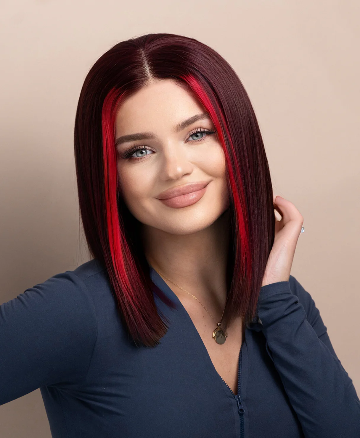 long bob human wig - 10" red money piece highlights. - Image 2