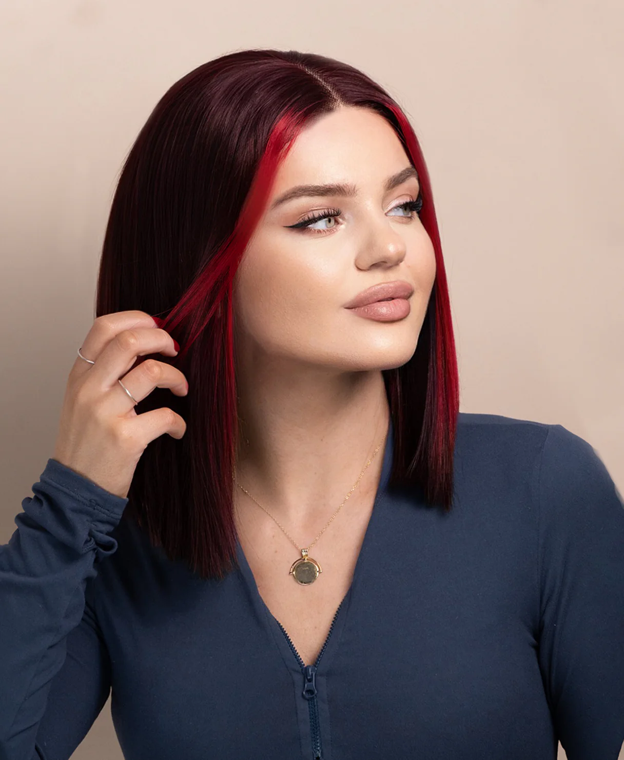 long bob human wig - 10" red money piece highlights. - Image 3
