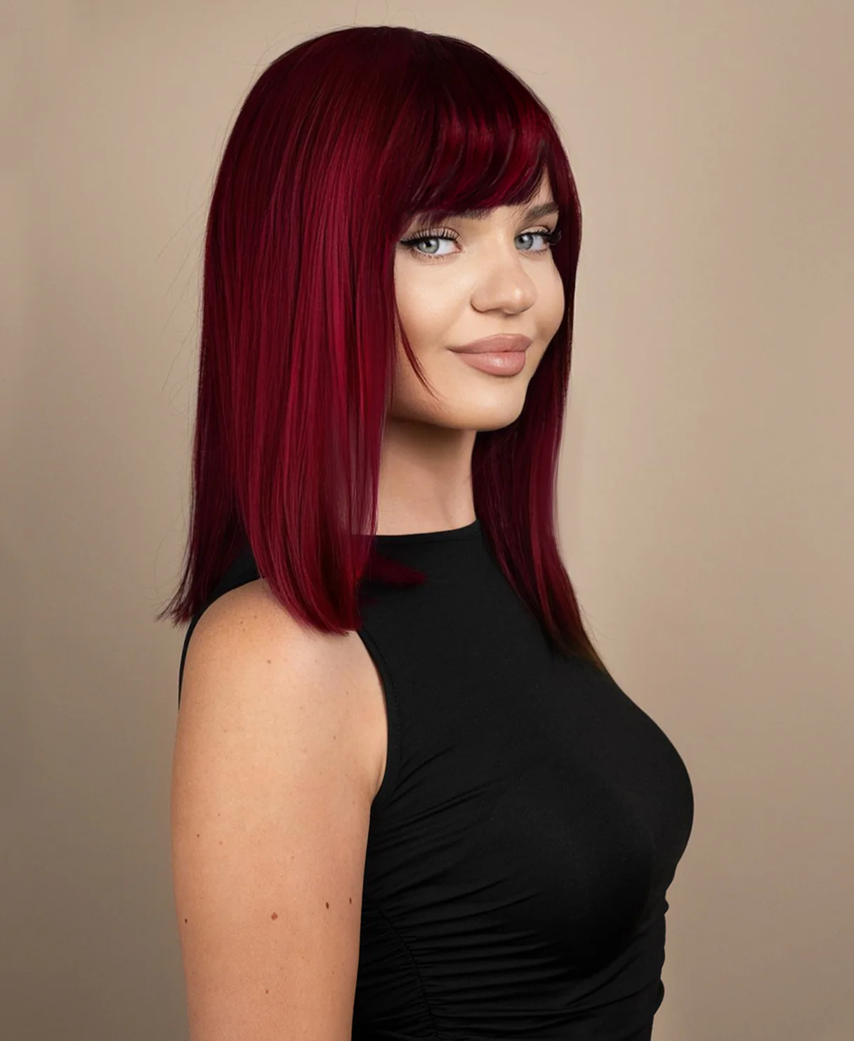 long bob with fringe human wig - 14" cherry red. - Image 4