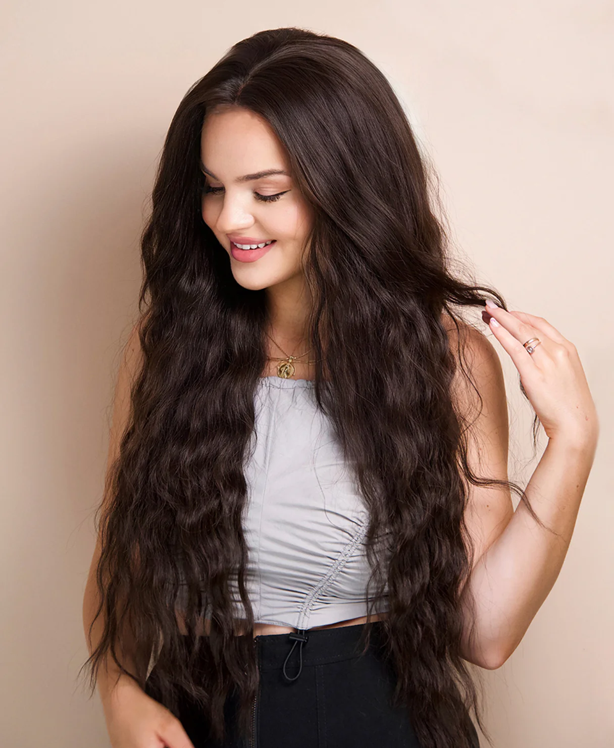 vegan fiber mermaid waves wig - 32" medium brown. - Image 4