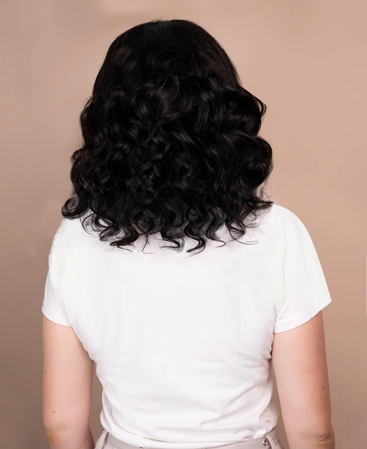 put on & go pre-cut lace curly human wig - 14" natural black. - Image 2