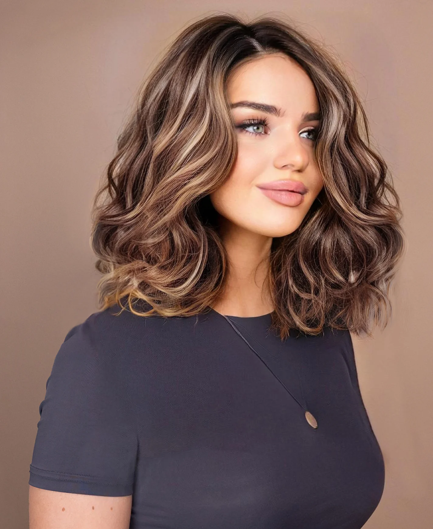 put on & go pre-cut lace wavy human wig - 14" bronzed highlights. - Image 2