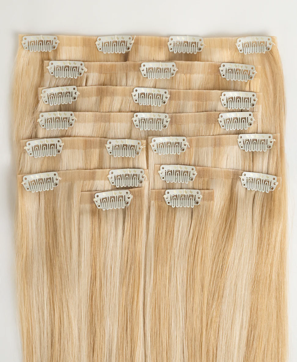 invisible clip-in hair extensions golden highlights. - Image 3