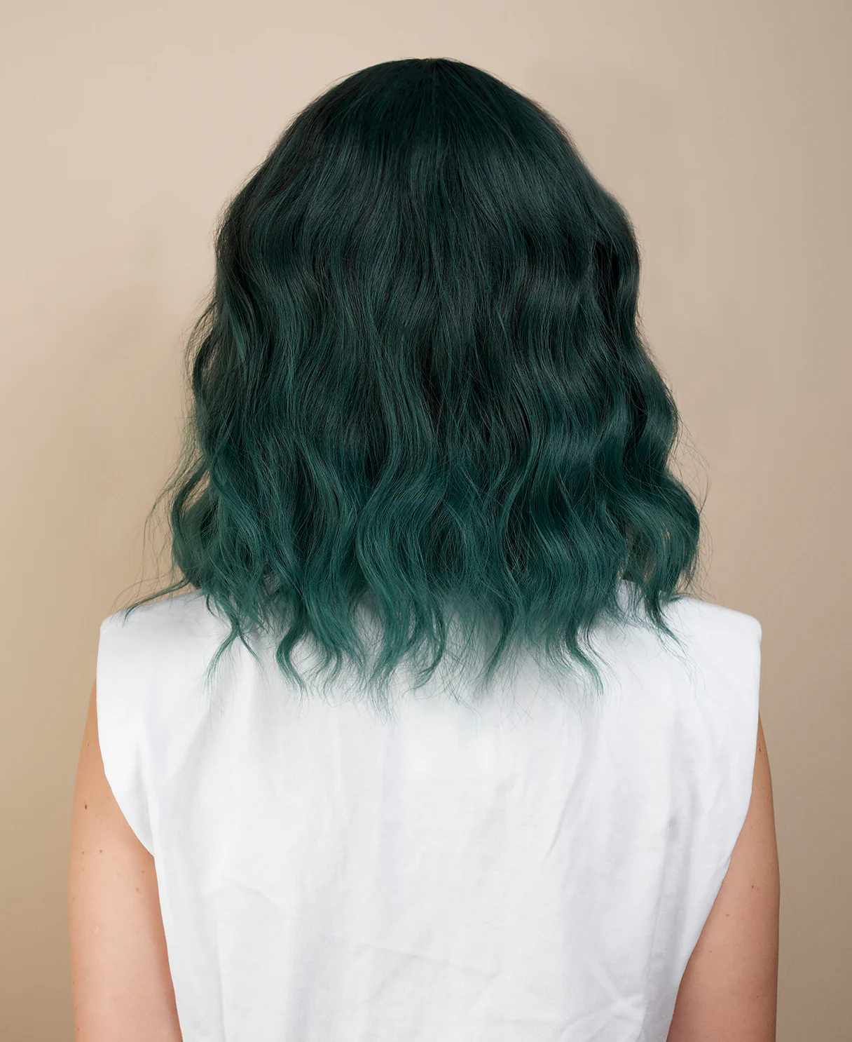 vegan fiber wig - 16" dimensional teal with fringe. - Image 2