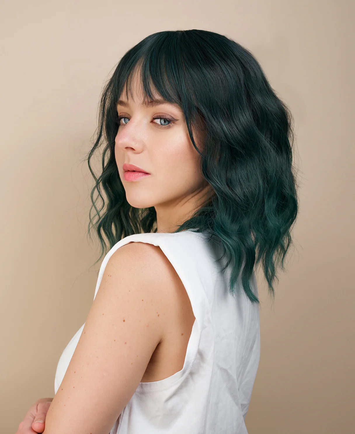 vegan fiber wig - 16" dimensional teal with fringe. - Image 4