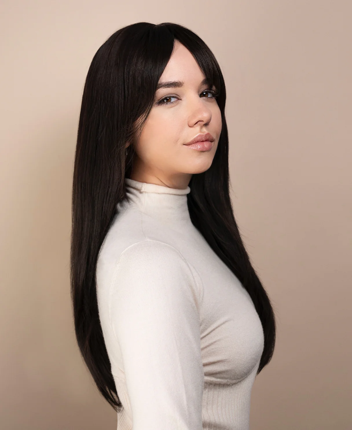 vegan fiber wig - 24" layered dark brown wig with curtain bangs. - Image 3