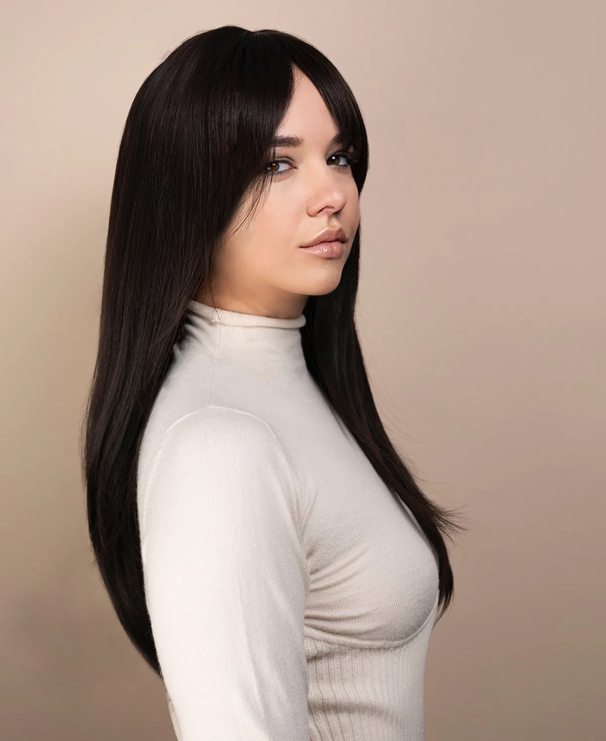vegan fiber wig - 24" layered dark brown wig with curtain bangs. - Image 6