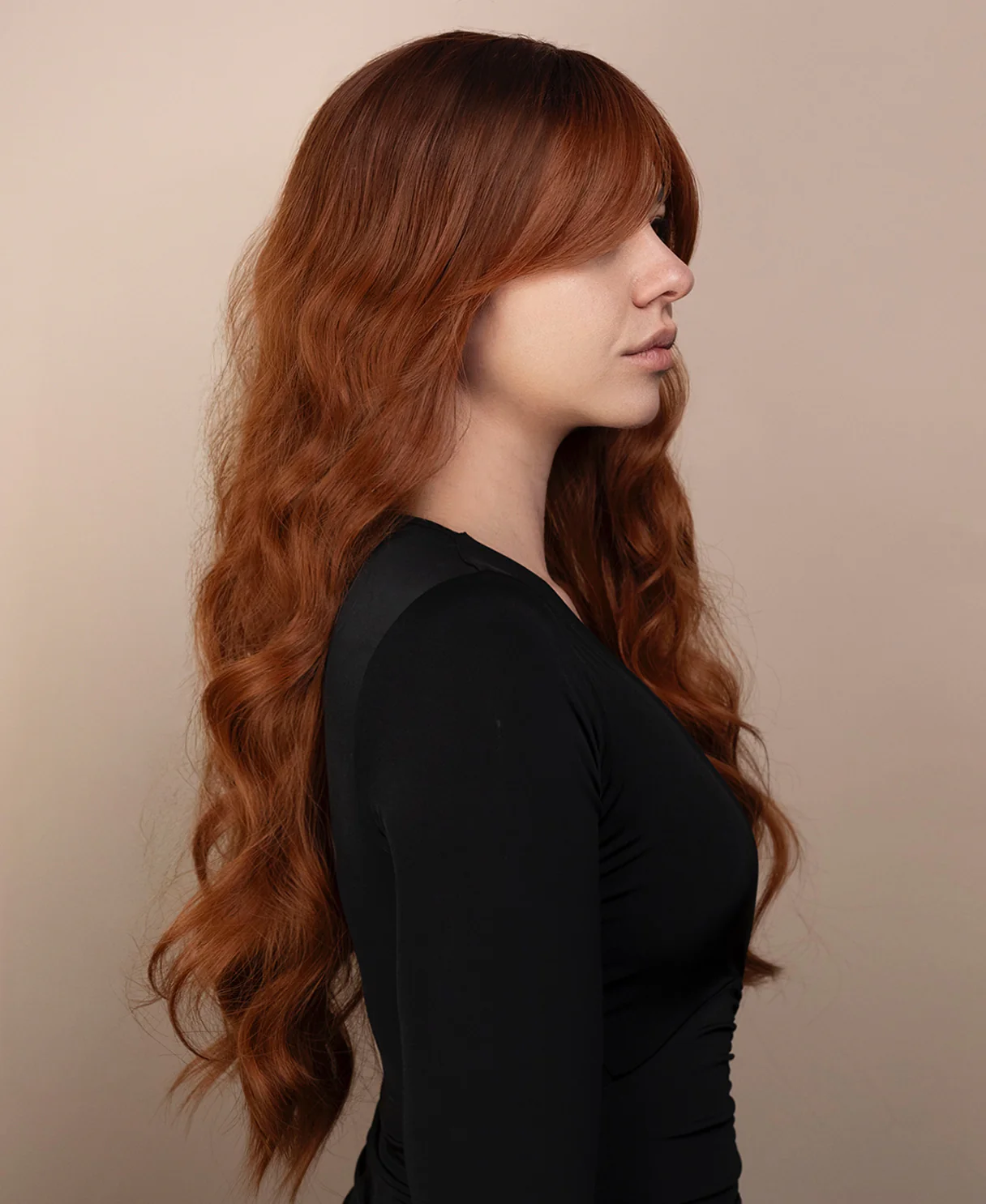vegan fiber wig - 24" rooted pumpkin spice with curtain bangs. - Image 3