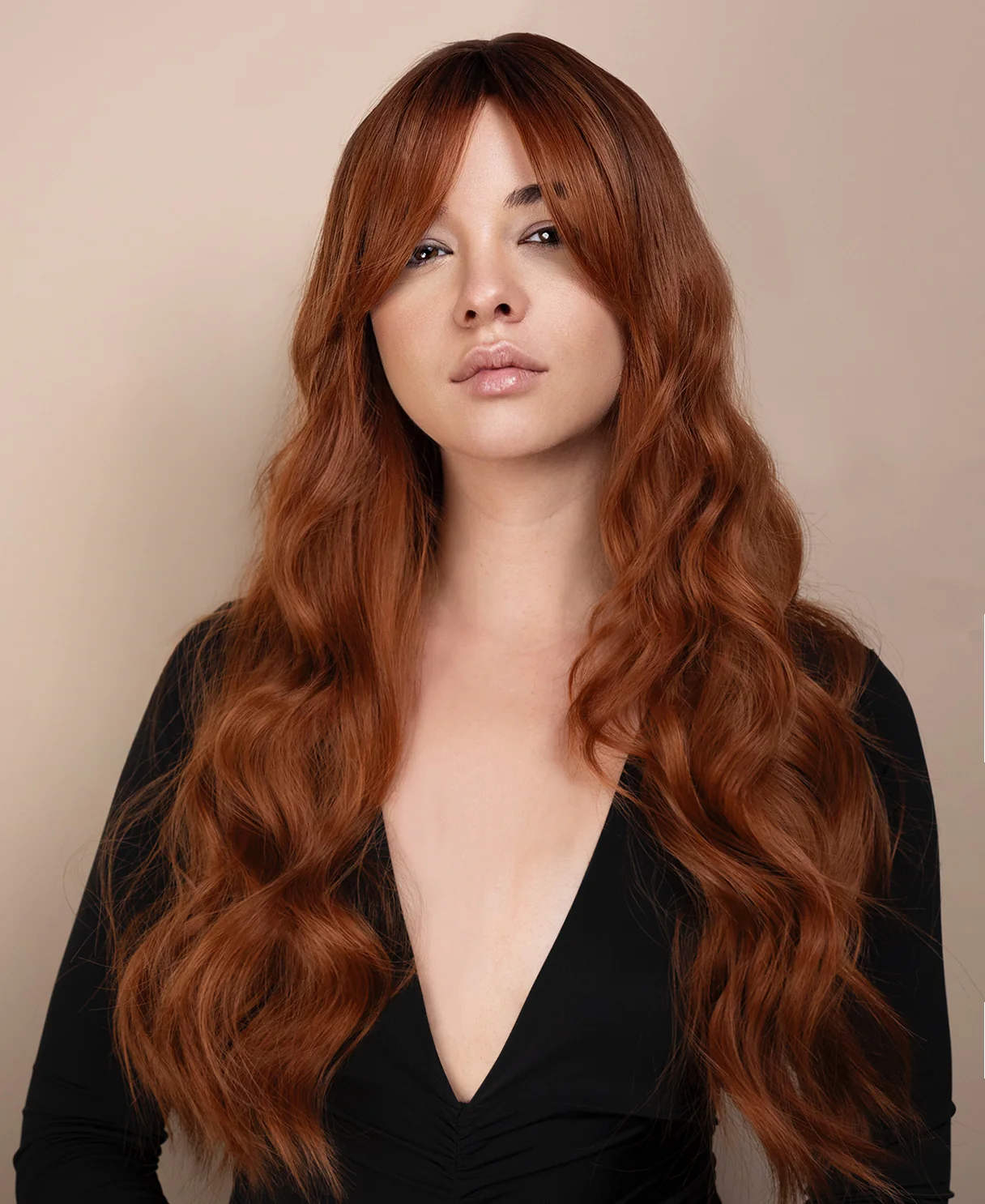 vegan fiber wig - 24" rooted pumpkin spice with curtain bangs. - Image 4