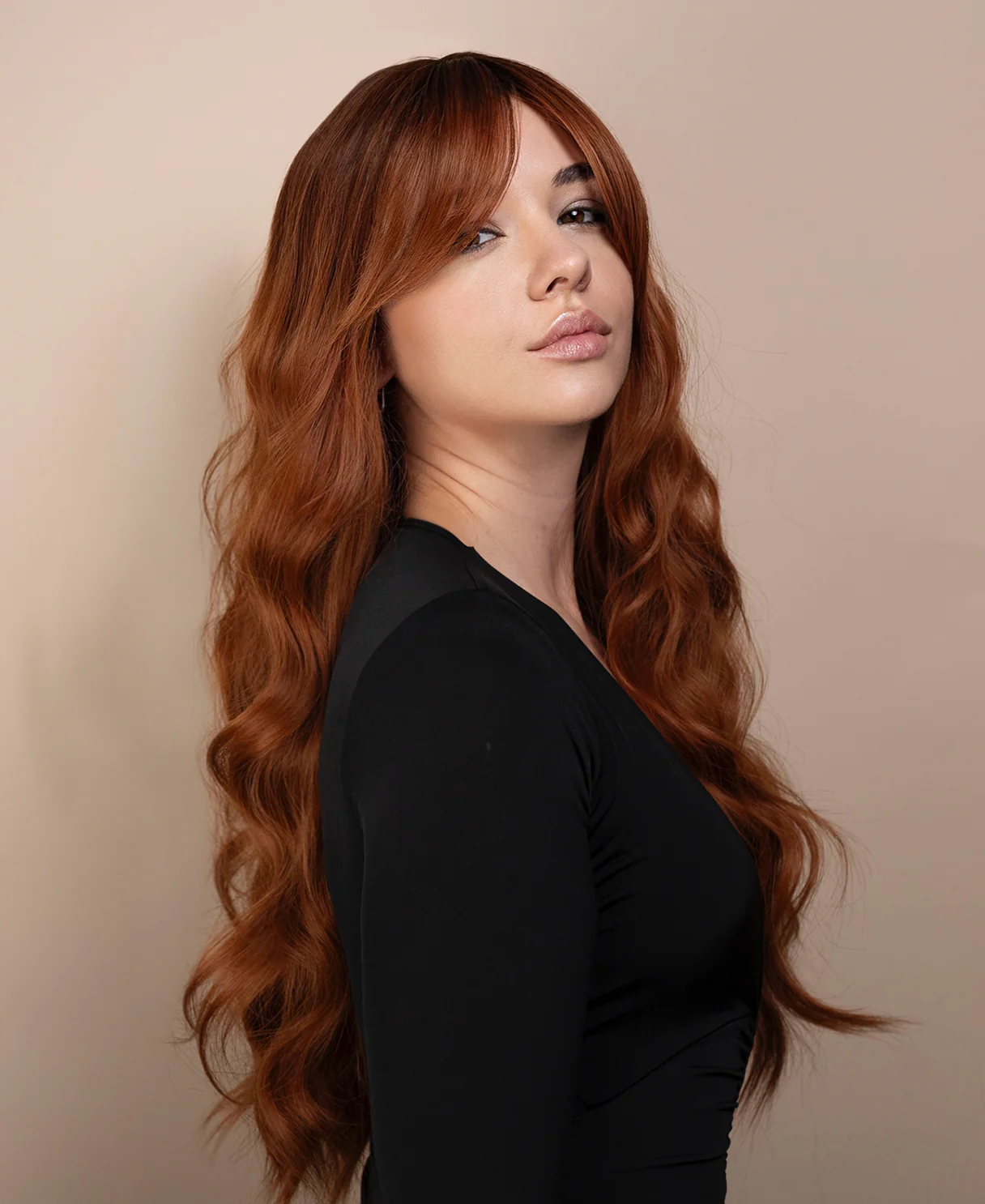 vegan fiber wig - 24" rooted pumpkin spice with curtain bangs. - Image 5