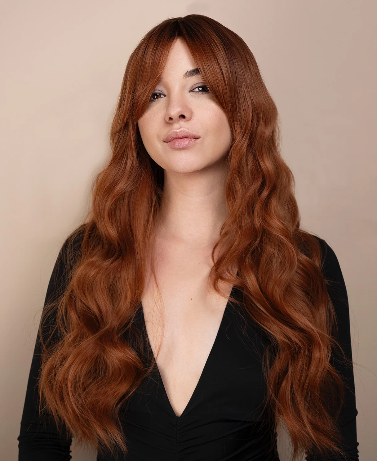 vegan fiber wig - 24" rooted pumpkin spice with curtain bangs. - Image 6