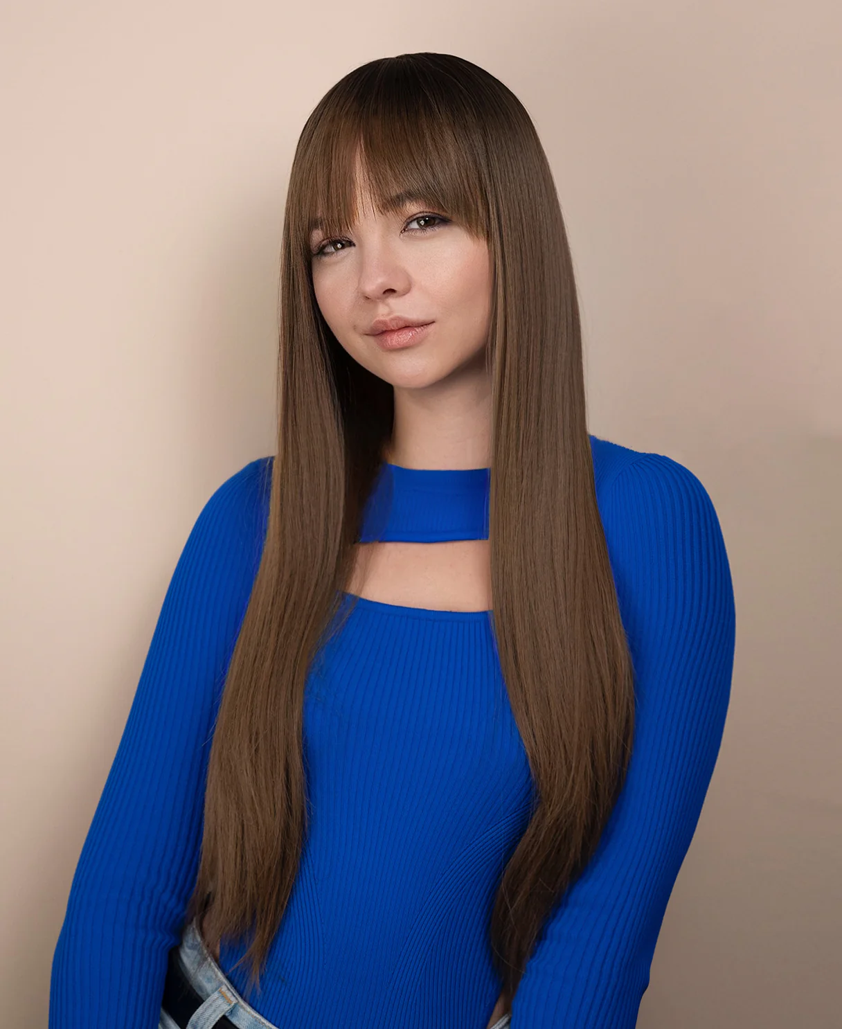 vegan fiber wig - 26" rooted ash brown with wispy bangs. - Image 3