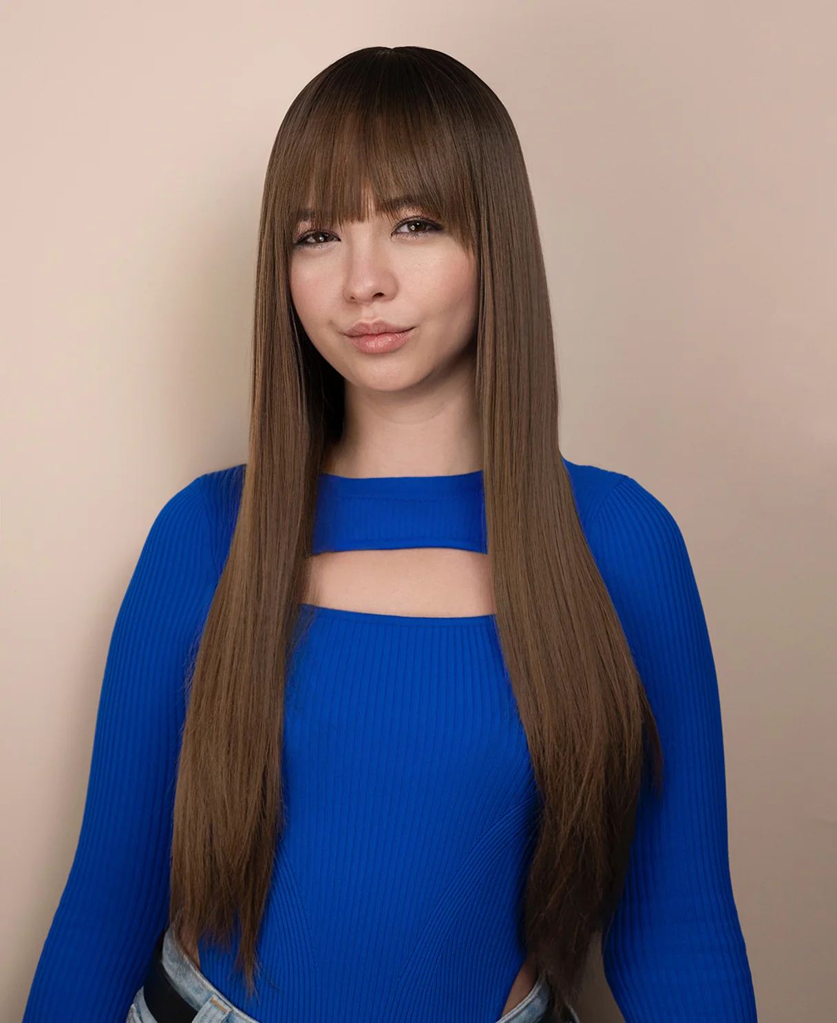 vegan fiber wig - 26" rooted ash brown with wispy bangs. - Image 5