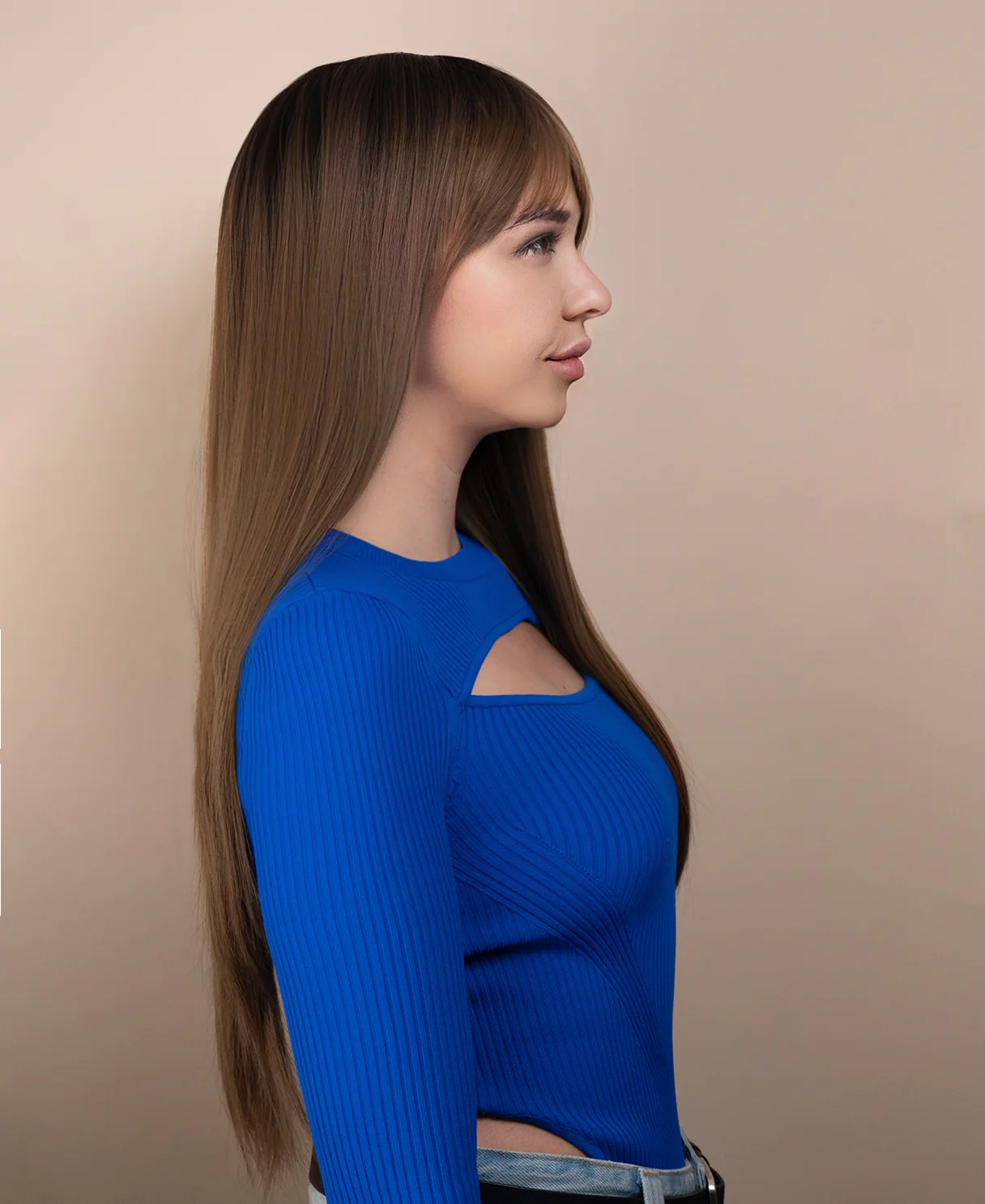 vegan fiber wig - 26" rooted ash brown with wispy bangs. - Image 6