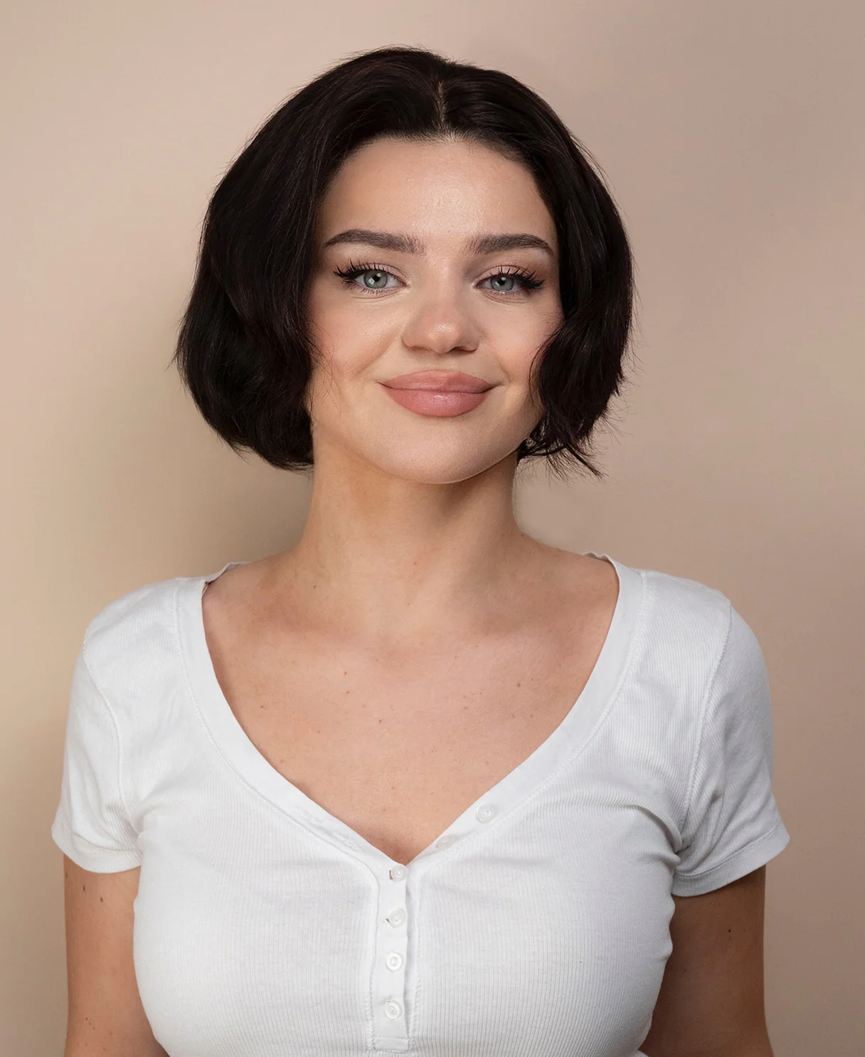 wedge lace front human wig - 8" dark brown.