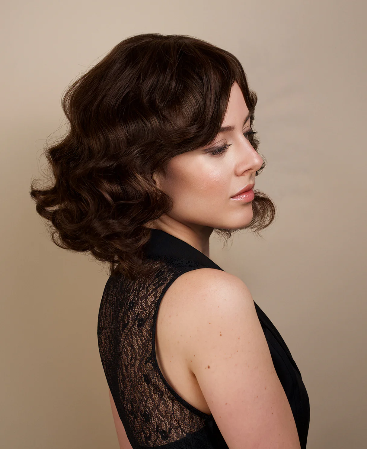 put on & go wavy human wig - 12" chocolate brown with curtain bangs. - Image 3
