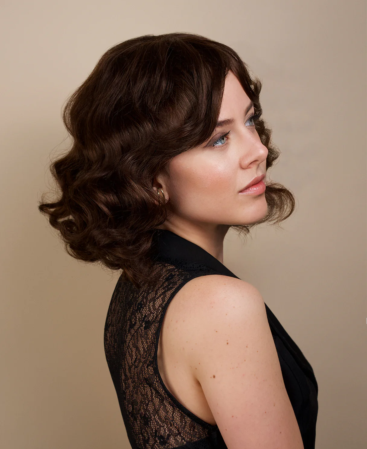 put on & go wavy human wig - 12" chocolate brown with curtain bangs. - Image 4