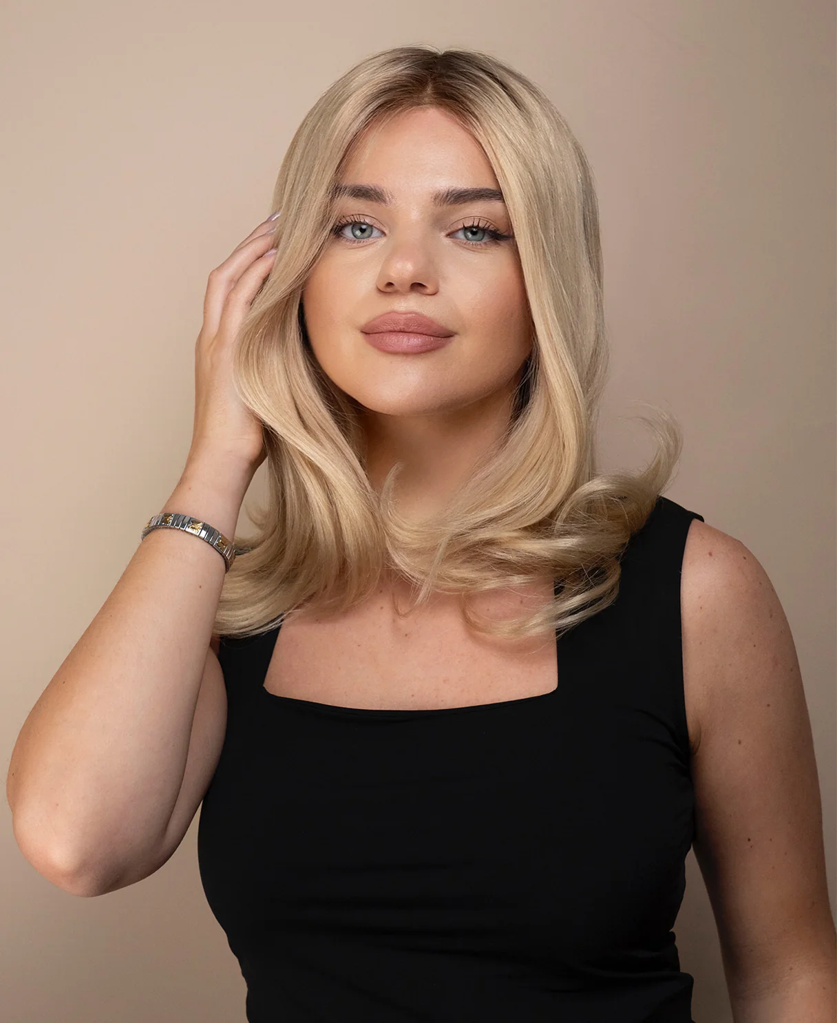 lace front mono wig - 14" shadow root champagne blonde. - Image 4